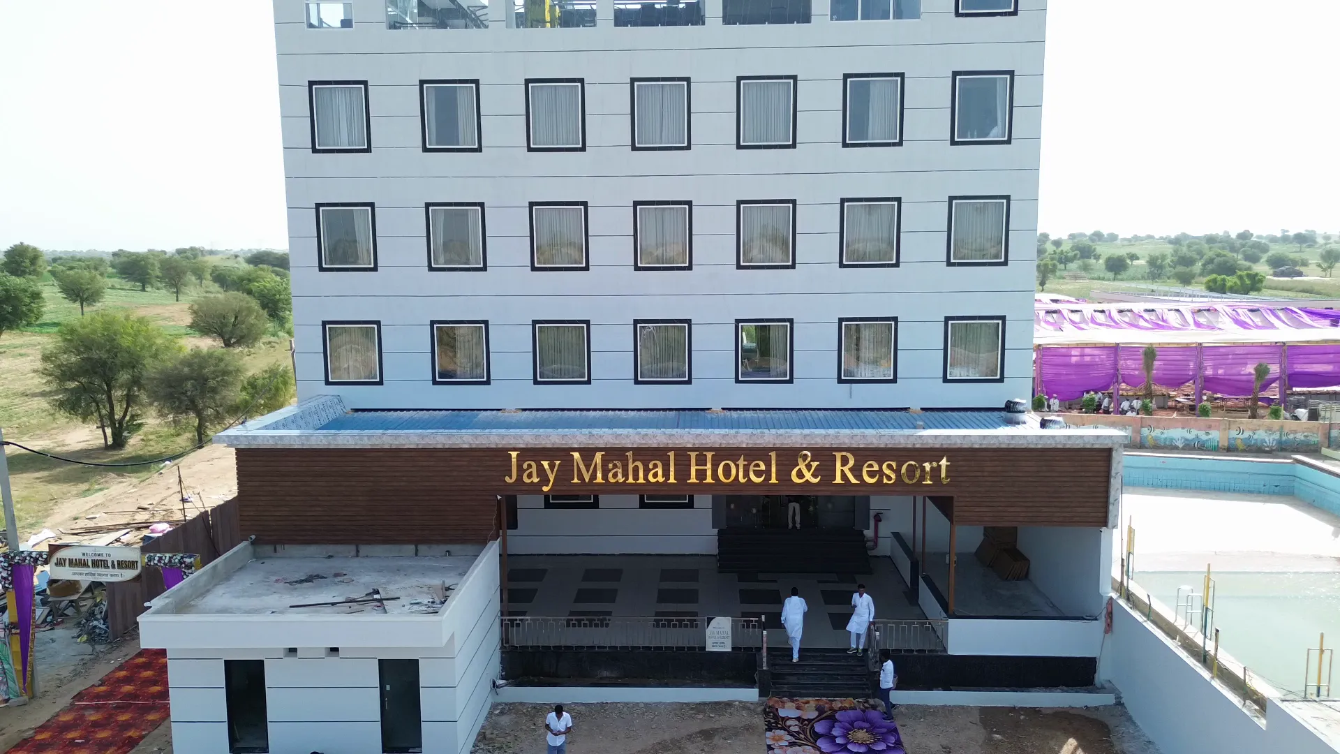 Drone view of the Jay Mahal Hotel & Resort building facade
