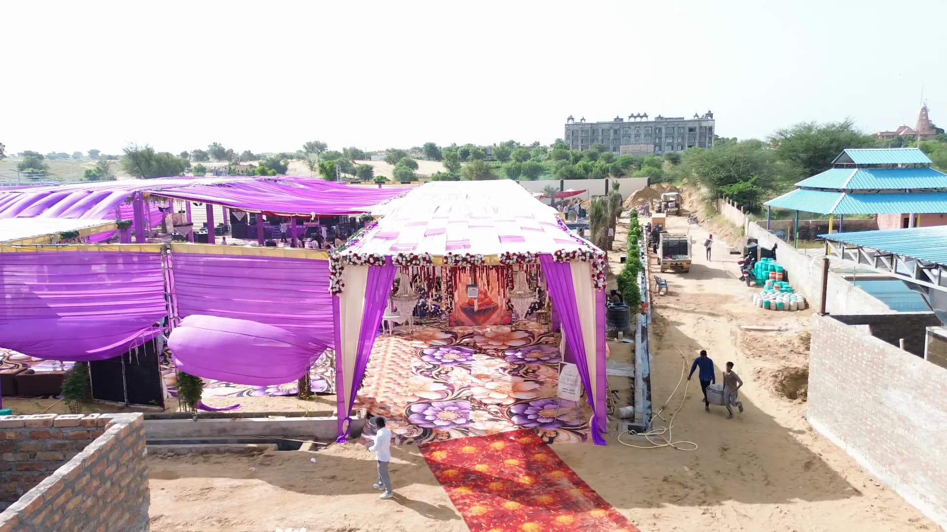 Red-carpet entrance to the decorated marriage garden at Jay Mahal